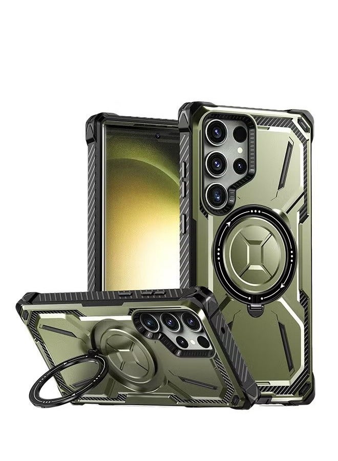 عام حافظة Samsung Galaxy S24 Ultra مع حامل حلقة مغناطيسية قابلة للدوران بزاوية 360 درجة ، وحماية من السقوط بتصميم الدروع ، ومسند واقي مدمج للخدمة الشاقة ، ودعم الشحن المغناطيسي - Image 1