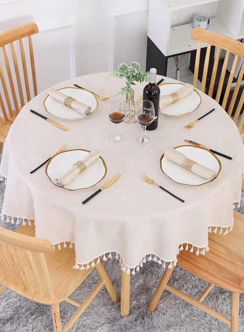 Round Table Cloth 150cm Linen Fabric Table Cover Washable Tablecloth Dust-Proof Tabletop for Dining Table, Restaurant, Picnic, Wrinkle Resistant