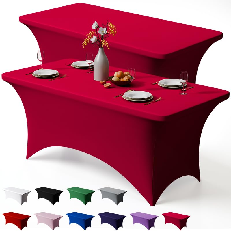 Trlyc 2 Pack 6FT Spandex Table Cloth - 72 x 30 Inch Rectangular Stretch Tablecloth, Wrinkle Resistant Scretch Table Cover for Wedding, Party, Banquet, Picnic, Outdoor Decoration (2Pcs,Burgundy) - Image 1