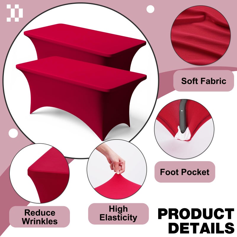Trlyc 2 Pack 6FT Spandex Table Cloth - 72 x 30 Inch Rectangular Stretch Tablecloth, Wrinkle Resistant Scretch Table Cover for Wedding, Party, Banquet, Picnic, Outdoor Decoration (2Pcs,Burgundy) - Image 3
