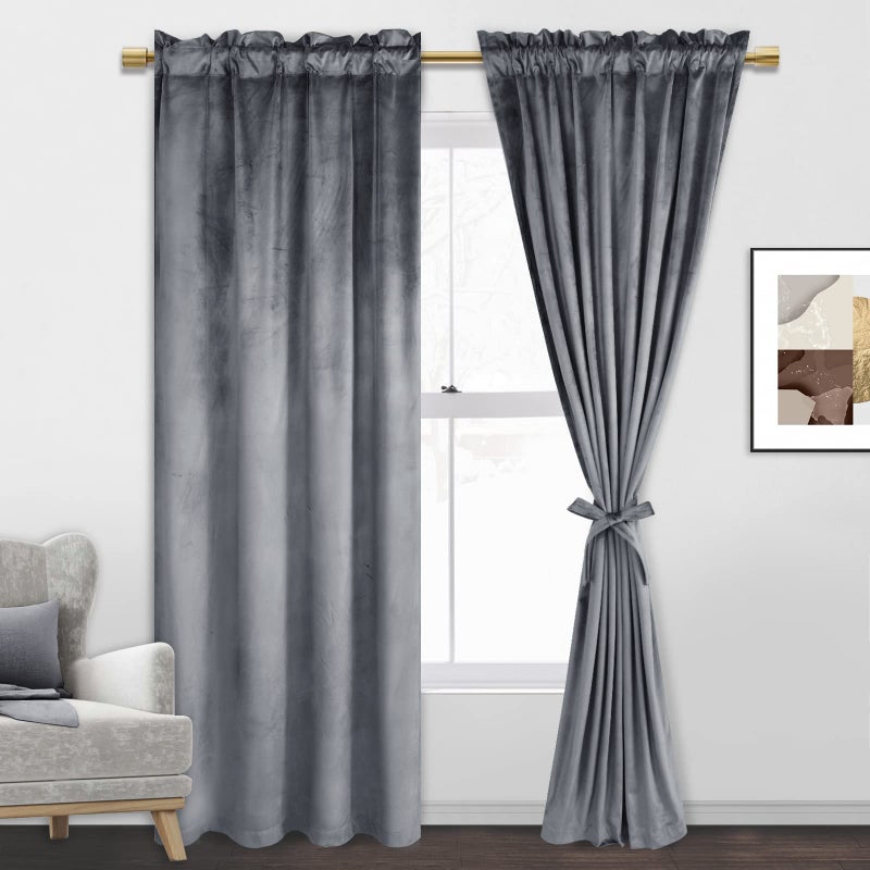 JIUZHEN Grey Velvet Curtains for Bedroom - 84 inches Thermal Insualted Room Darkening Rod Pocket Blackout Drapes for Office/Closet  Set of 2 Panels with Tiebacks  42W x 84L - Image 1