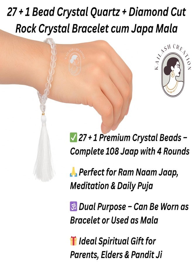 Kailash Creation Crystal Quartz Stone Elastic Japa Mala Bracelet | 27+1 Beads for Meditation, Ram Naam Jaap & Daily Puja | Spiritual Healing Birthstone Wristwear for Men & Women (Transparent White, Pack of 2) - Image 3