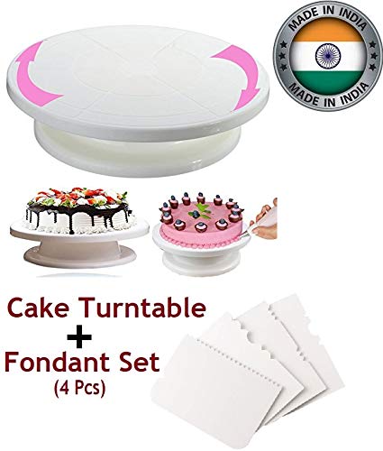 Inditradition Popular Combo Cake Turntable Revolving Cake Decorating Stand & Cake Scraper Fondant Set, 28 cm, White - Image 2
