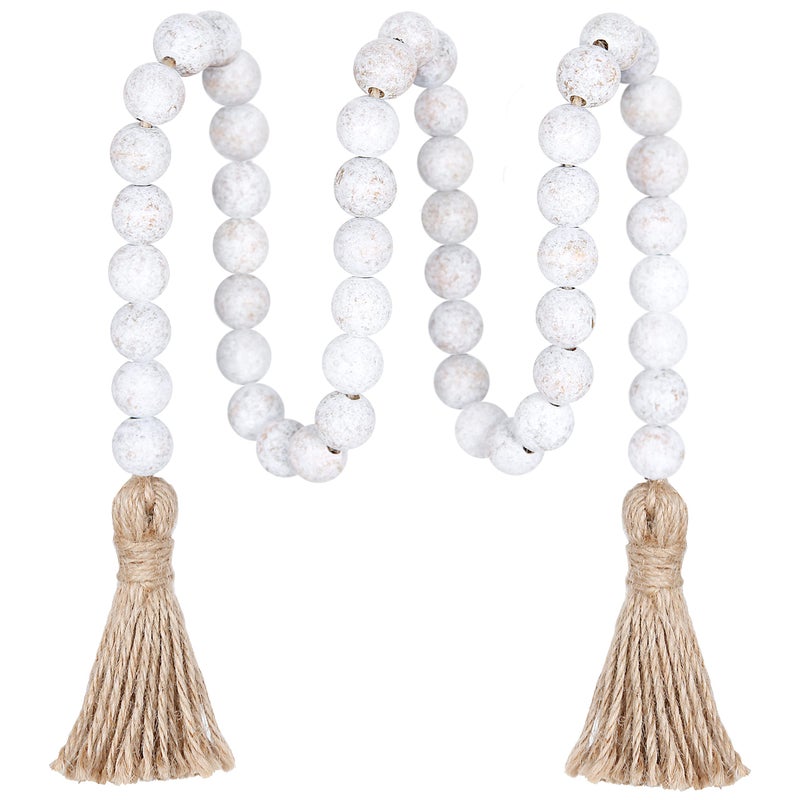 Meplait Meplait 39in Wood Bead Garland Farmhouse with TasselsVersatile Prayer Beads Boho Chic Wall Hanging Home Decor Wash White 