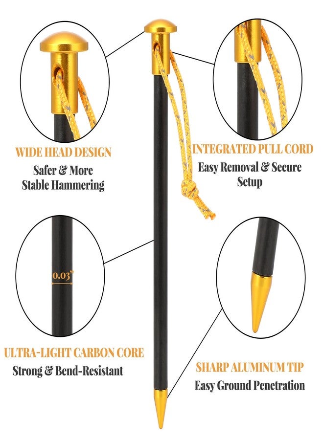 CraftyDream 6 Pack Carbon Core Tent Stakes 6 Inch Ultralight Carbon Camping Stakes with Aluminum Shell Tent Pegs with Nylon Cord for Backpacking Hiking(Yellow) - Image 4