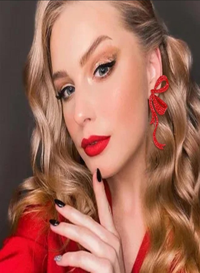 Flyonce Bow Earrings for Women Sparkly Red Rhinestone Crystal Bowknot Ribbon Drop Dangle Earring for S Teen - Image 2