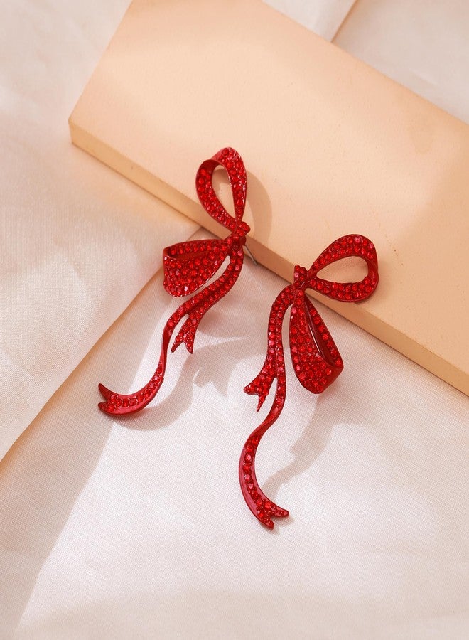 Flyonce Bow Earrings for Women Sparkly Red Rhinestone Crystal Bowknot Ribbon Drop Dangle Earring for S Teen - Image 4