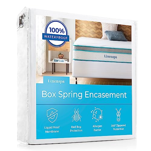 Linenspa Box Spring Encasement – California King Size Box Spring Cover – Zippered and Waterproof Protector, Complete Protection – White - Image 1