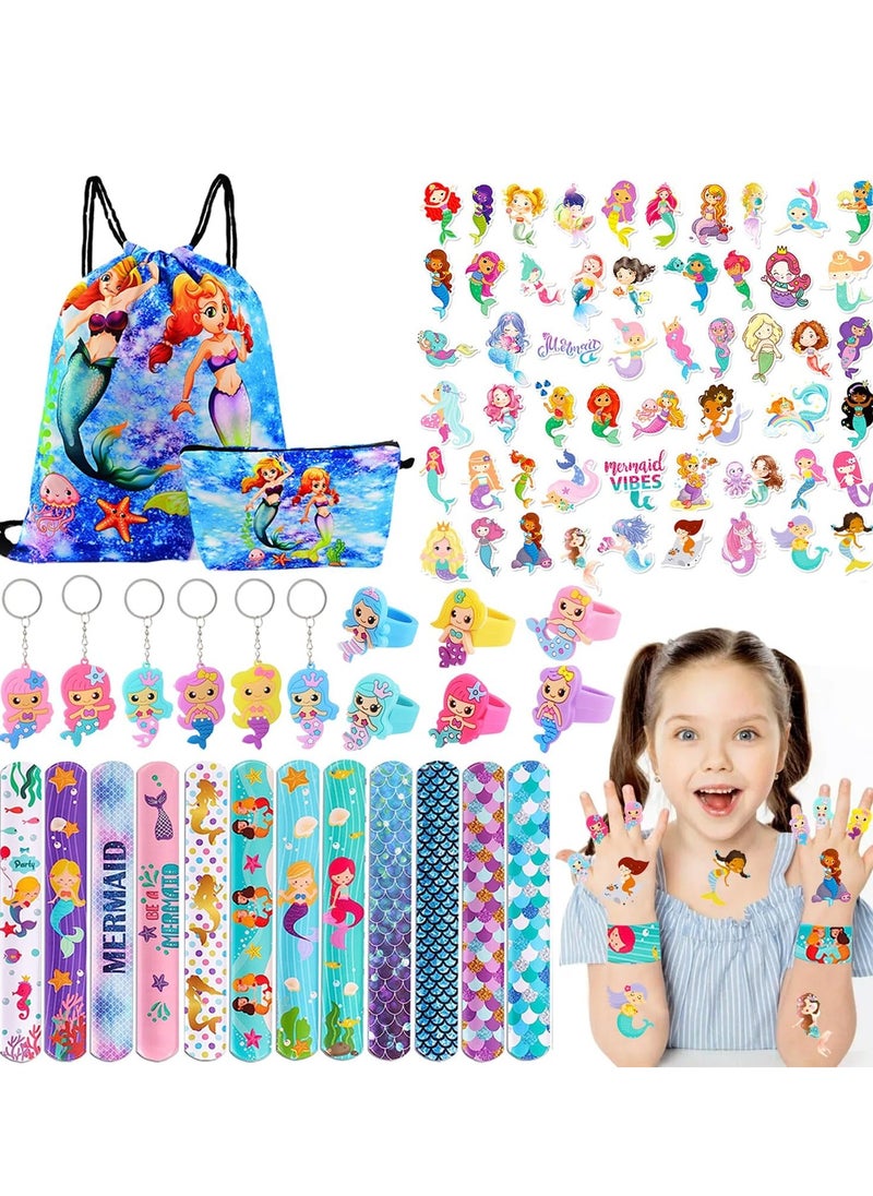 Yoawllty Gifts for Girls, 125PCS Mermaid Toys for Girls, Party Favor for Kids with Bracelets Rings Keychains Tattoo Stickers and Mermaid Bag  - Image 1