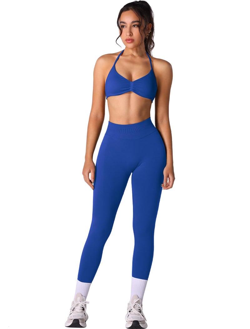 ABOCIW Womens Workout Sets Two Piece Seamless Scrunch Butt Lifting High Waist Impact Gym Leggings Halter Sports Bra Active Wear Yoga Outfits #1 Enchanted Blue Medium - Image 1