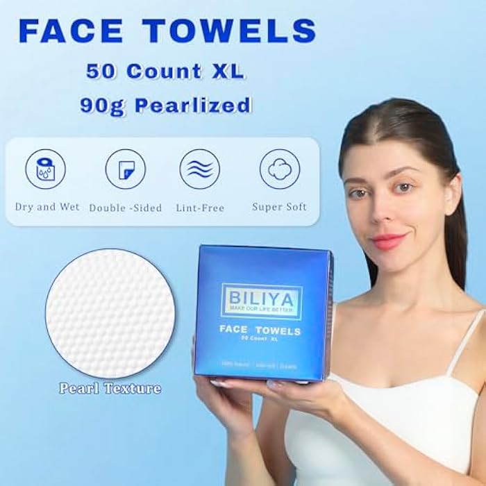 BILIYA XL Disposable Face Towels,100% Biodegradable,Ultra Soft Makeup Remover Wipes for Sensitive Skin, 10 x 12 "50 Ct, 1 pack - Image 2