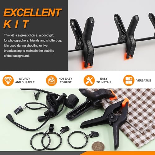 SHOPEE 22Pcs Photography Backdrop Clips Clamps Assorments Kit, 10Pcs Curtain Rings with Clip, 6Pcs Backdrop Spring Clamps and 6Pcs Leather Background Clips Holder - Image 3