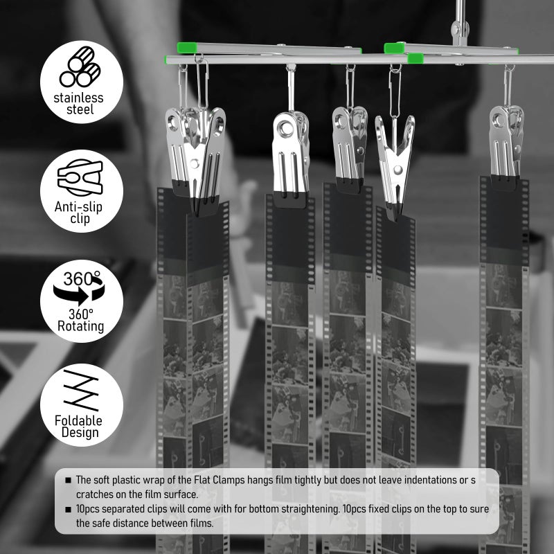 eTone Darkroom Film Negative Drying Hanging Rack Frame Foldable Hanger Windproof 10 Clips for 35mm 120 4x5'' Film - Image 4