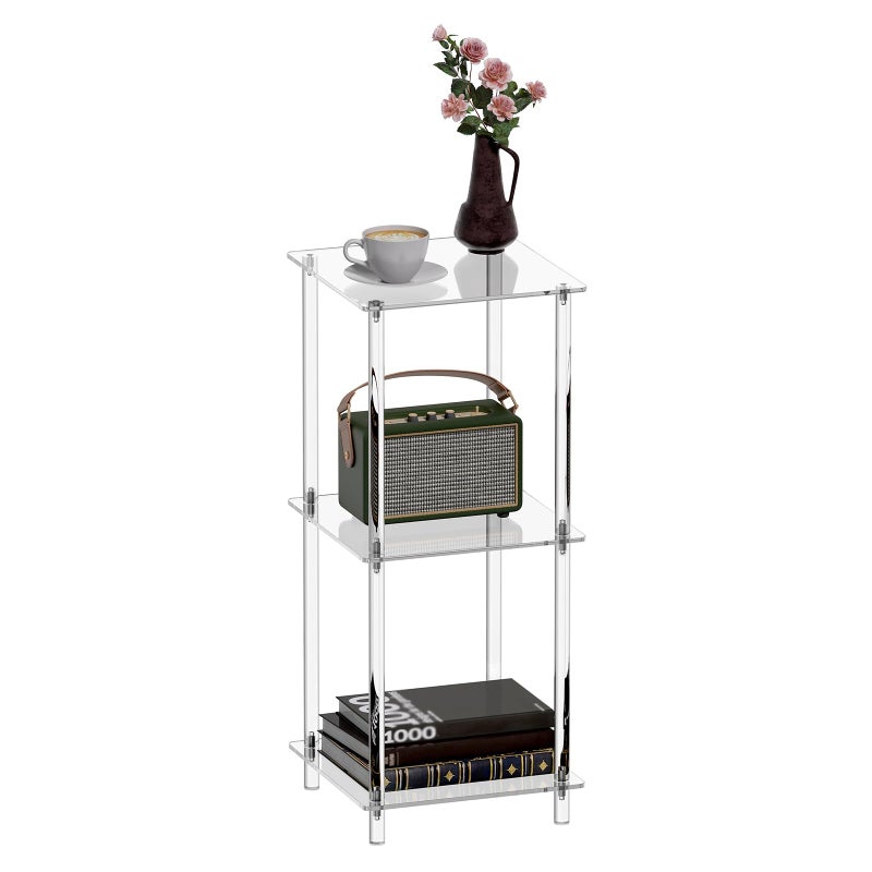 HMYHUM Acrylic Side Table for Small Spaces 118 L x 118 W x 28 H Small NightstandBedsideEnd Table for Living Room Bedroom 3Tier Square Clear