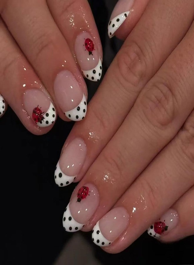 OFDNE White French Tip Press on Nails Short Oval OFDNE False Nails with Polka Dots Ladybug Designs Full Cover Glossy Glue on Nail Acrylic Nails for Women Girls 24Pcs - Image 1