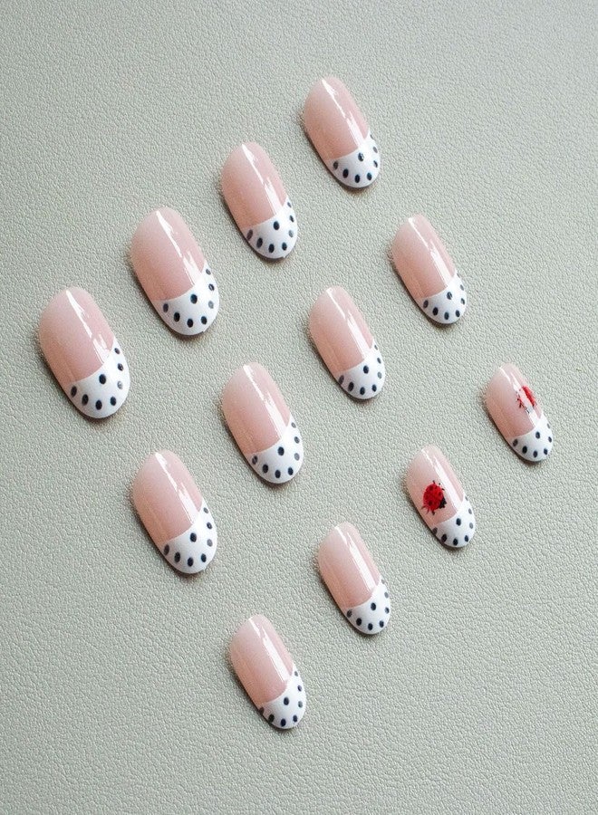 OFDNE White French Tip Press on Nails Short Oval OFDNE False Nails with Polka Dots Ladybug Designs Full Cover Glossy Glue on Nail Acrylic Nails for Women Girls 24Pcs - Image 4