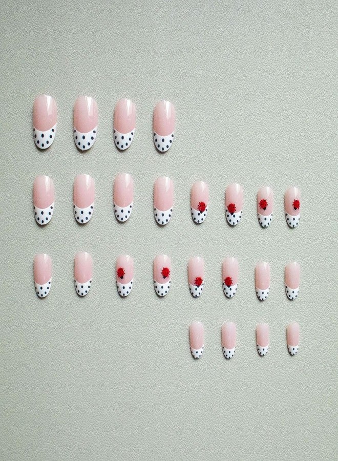 OFDNE White French Tip Press on Nails Short Oval OFDNE False Nails with Polka Dots Ladybug Designs Full Cover Glossy Glue on Nail Acrylic Nails for Women Girls 24Pcs - Image 3