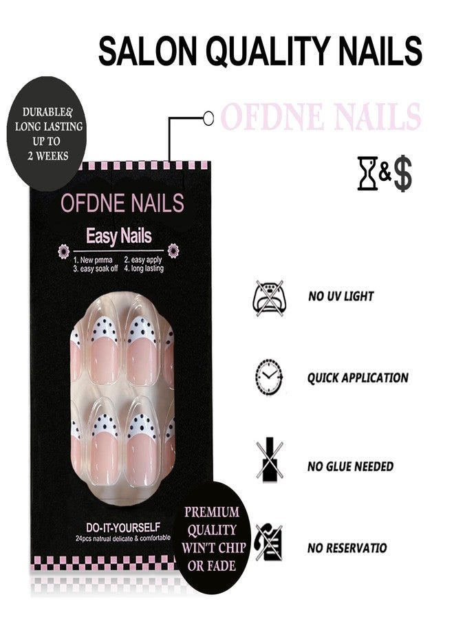 OFDNE White French Tip Press on Nails Short Oval OFDNE False Nails with Polka Dots Ladybug Designs Full Cover Glossy Glue on Nail Acrylic Nails for Women Girls 24Pcs - Image 2