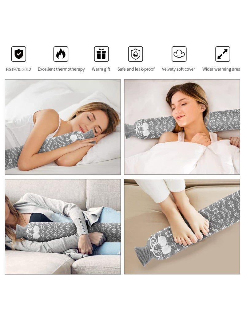 SYOSI Long Hot Water Bottle with Knitted Cover Neck Warm 2L Bed Soft Warmers for Shoulder Back Legs Body Pain Women Men Kids Gifts Grey Snowflake 72cm - Image 3