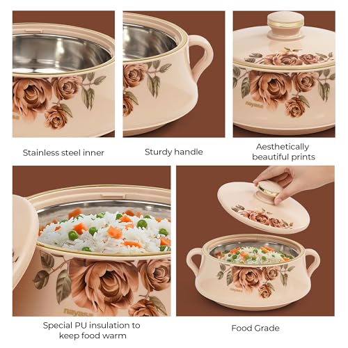 Nayasa Lorenzo Insulated Inner Stainless Steel Casserole- 1500 ML | Serving Bowl with Lid | Hot Pot for Kitchen | Roti Box | Beige - Image 3
