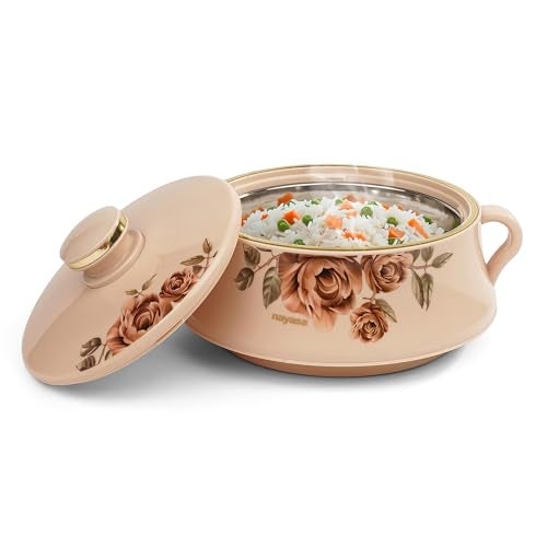 Nayasa Lorenzo Insulated Inner Stainless Steel Casserole- 1500 ML | Serving Bowl with Lid | Hot Pot for Kitchen | Roti Box | Beige - Image 1