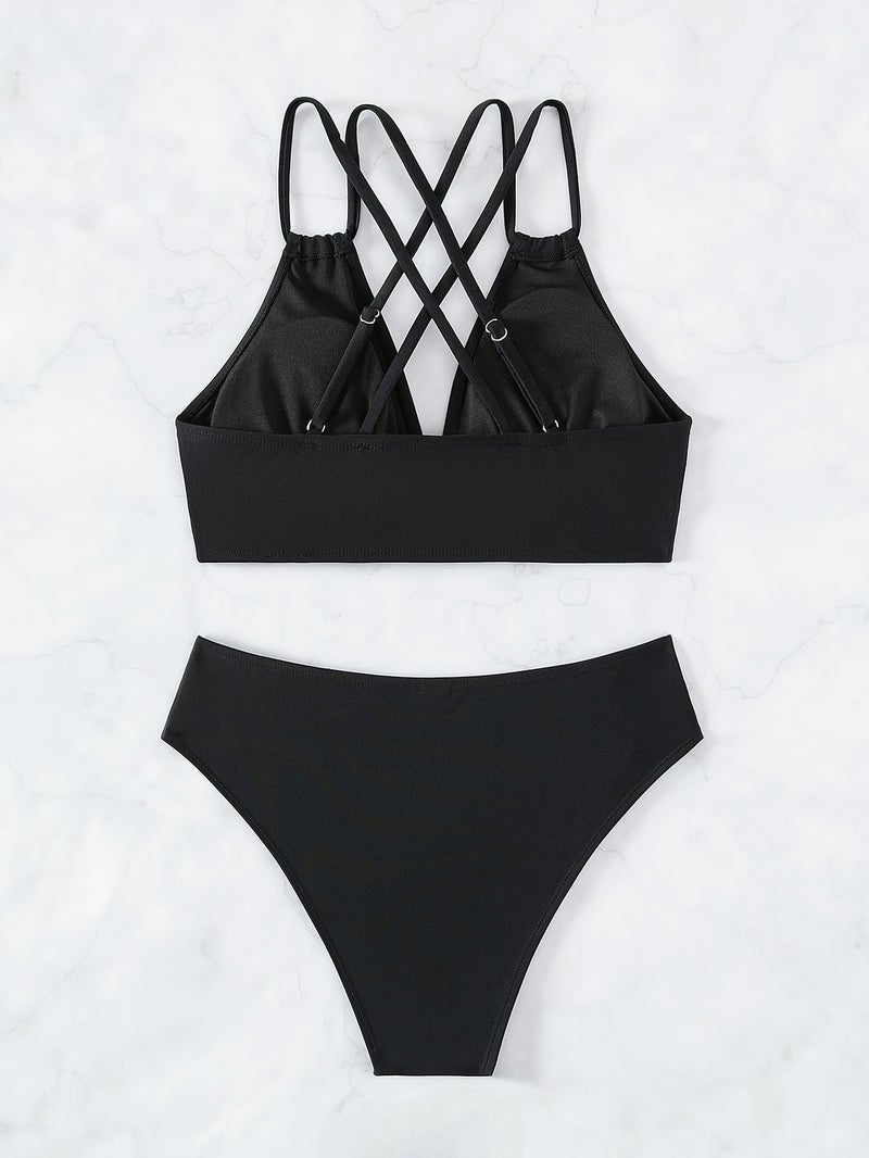 Fanuerg Women's Sexy V Neck Bikini Sets Hollow Out Two Piece Swimsuits Cutout Mid Waist Bathing Suit Black M - Image 4