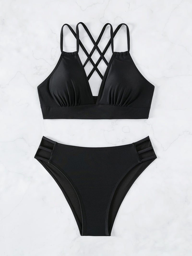 Fanuerg Women's Sexy V Neck Bikini Sets Hollow Out Two Piece Swimsuits Cutout Mid Waist Bathing Suit Black M - Image 3