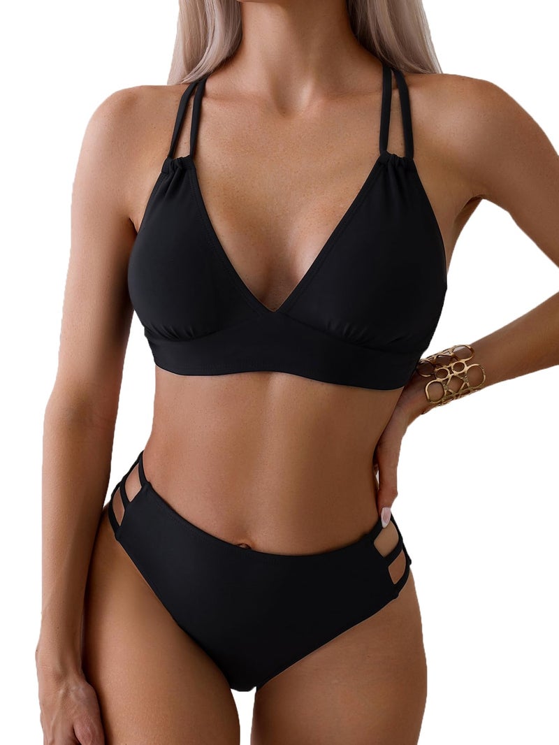 Fanuerg Women's Sexy V Neck Bikini Sets Hollow Out Two Piece Swimsuits Cutout Mid Waist Bathing Suit Black M - Image 1