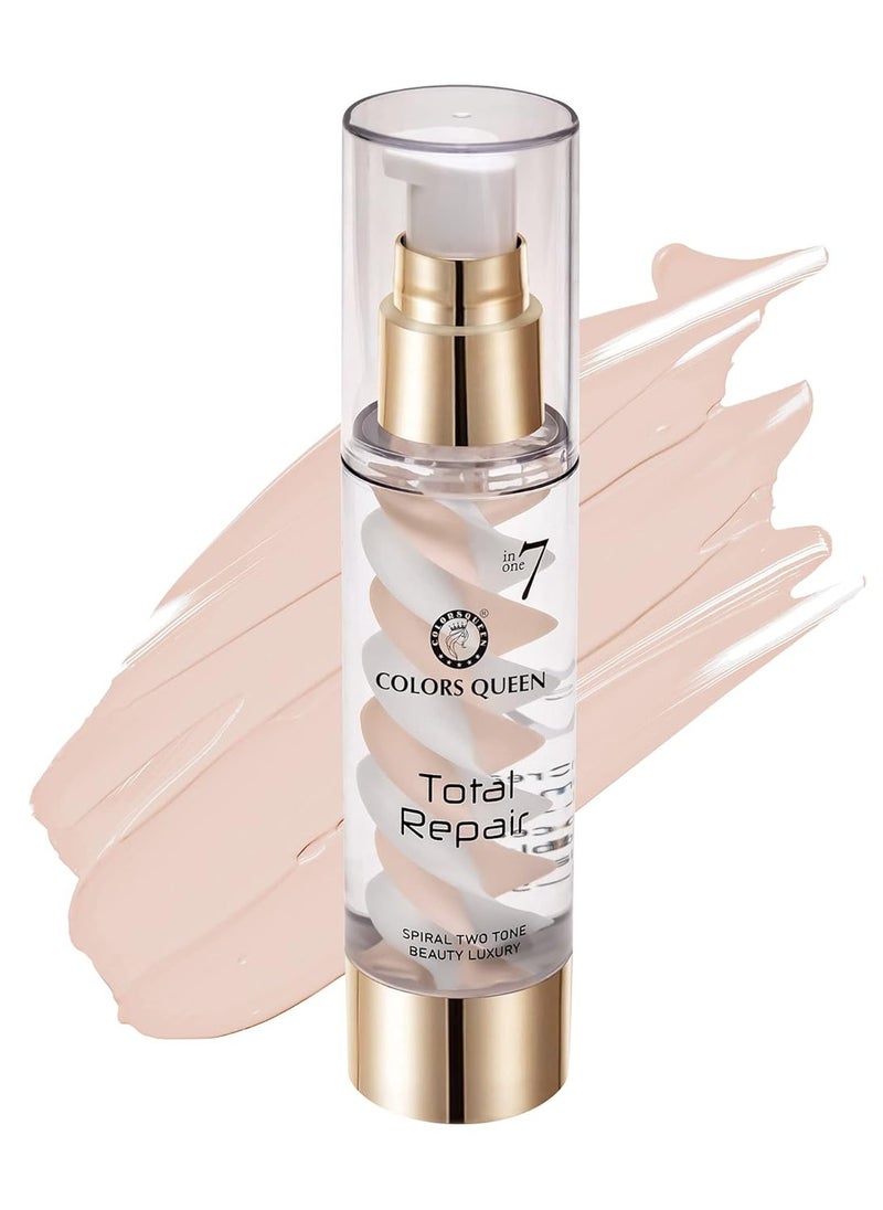 COLORS QUEEN 7 in 1 Total Repair Liquid Foundation Full Coverage Oil Free Primer Concealer Moisturizer CC Cream Smooth Radiant Skin Face Makeup 01 Ivory 50g  - Image 1