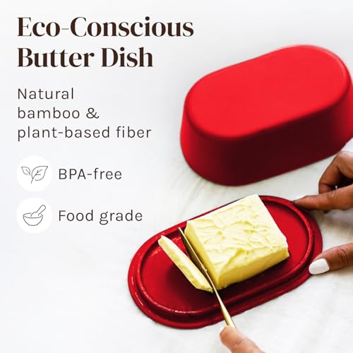 Cooler Kitchen Butter Dish with Lid for Countertop – Red Butter Storage Holder – Eco Modern Bamboo Fiber - Small Tray Fits Kerrygold, European Style Sticks - Dishwasher Safe Kitchen Crock Container Keeper - Image 3