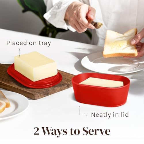 Cooler Kitchen Butter Dish with Lid for Countertop – Red Butter Storage Holder – Eco Modern Bamboo Fiber - Small Tray Fits Kerrygold, European Style Sticks - Dishwasher Safe Kitchen Crock Container Keeper - Image 4