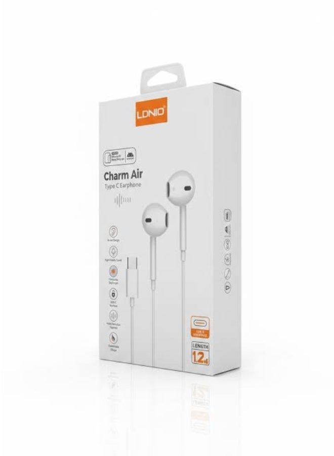 لدنيو سماعات أذن سلكية LDNIO USB-C داخل الأذن مع ميكروفون وتحكم في مستوى الصوت، كابل بطول 1.2 متر (أبيض) - Image 2
