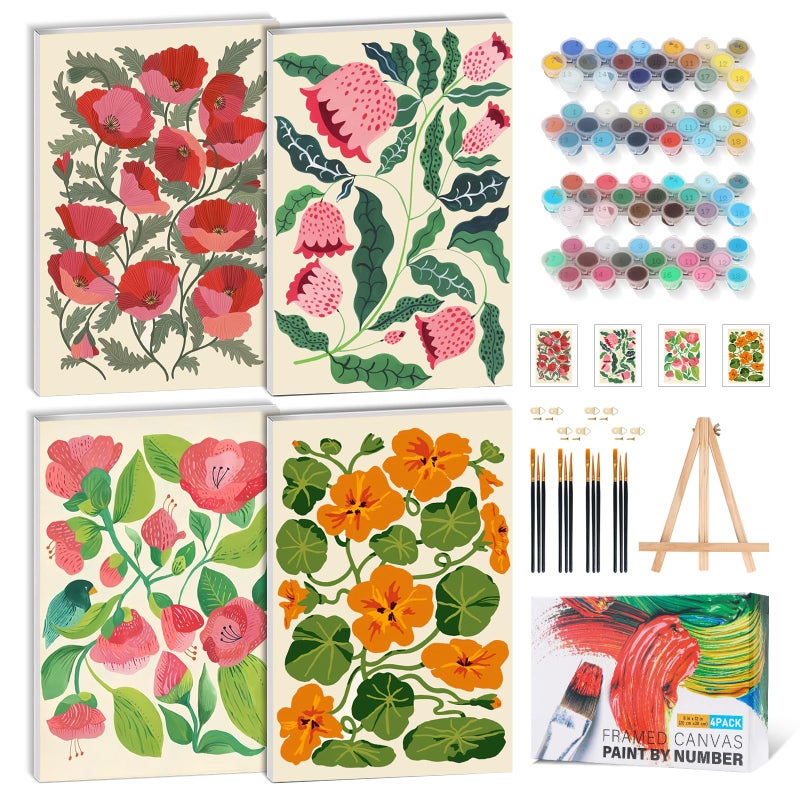 GEEHEIY 4 Pack Framed Paint by Numbers Kit for Adults Beginners Floral Paint by Number Kits on Canvas with Wooden Easel DIY Flower Painting Set for Stress Relief Home Wall Decor Gifts 8x12 Inch - Image 2