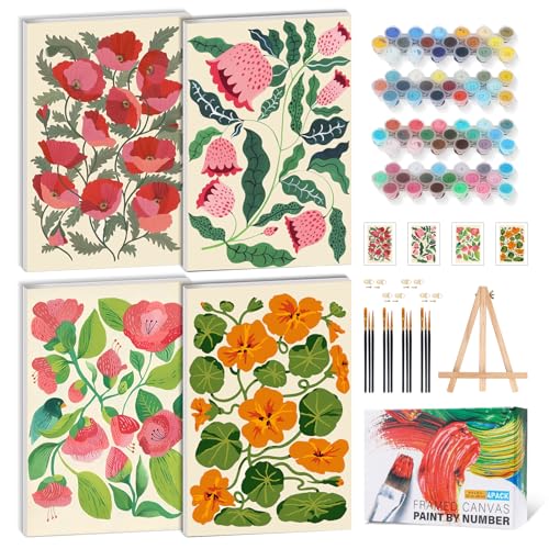 GEEHEIY 4 Pack Framed Paint by Numbers Kit for Adults Beginners Floral Paint by Number Kits on Canvas with Wooden Easel DIY Flower Painting Set for Stress Relief Home Wall Decor Gifts 8x12 Inch - Image 1