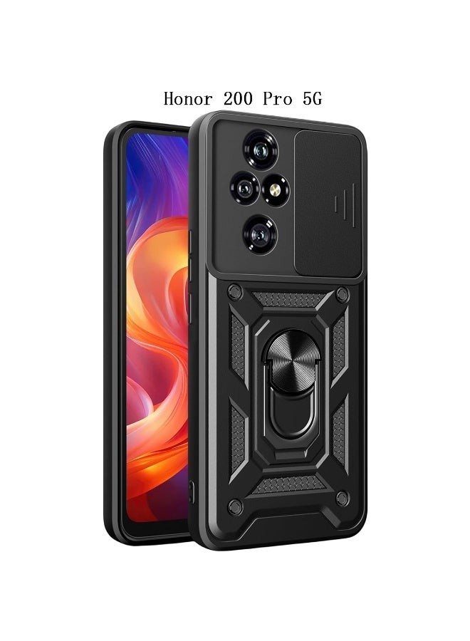 هونور 200 برو 5G الهاتف المحمول حالة الغطاء ، انزلاق الكاميرا عدسة تغطية + 360 درجة قوس الدورية خاتم + دعم المغناطيسي سيارة صدمة برهان الهاتف المحمول حالة هونور 200 برو 5G ، أسود - Image 1
