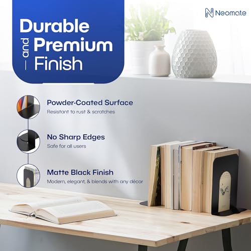Neomate Metal Bookends for Office & Home | Heavy-Duty Book Support | Black - Image 3
