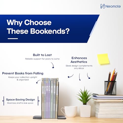 Neomate Metal Bookends for Office & Home | Heavy-Duty Book Support | Black - Image 2