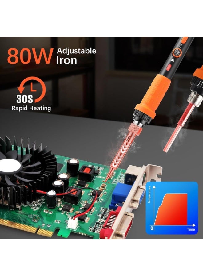 80W Adjustable Temperature Soldering Iron Kit, High-end Desoldering Pump,5pcs Soldering Iron Tips, 100g Solder, Rosin, Solder Wick, Stand and Other Soldering Kits - Image 3