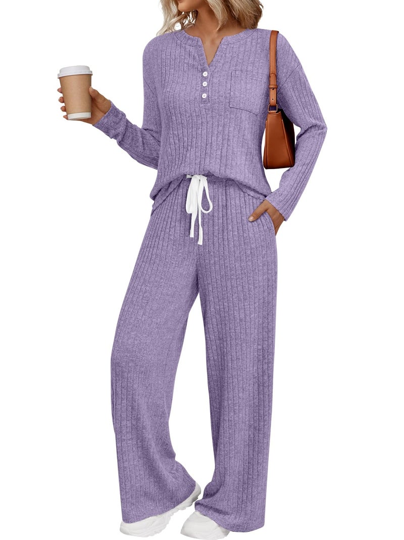 LILLUSORY Womens 2 Piece Lounge Sets Matching Airport Travel Outfits 2026 Spring Clothing Fall Pajamas Sweat Suits Pockets Purple M - Image 1