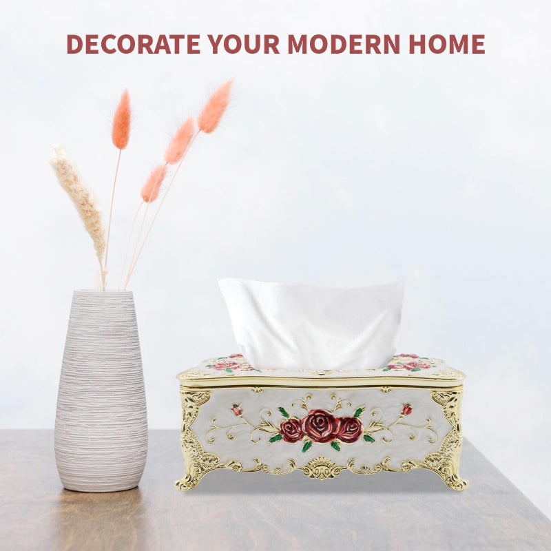 Tsnamay 9.45"x5.43"x3.94" Luxurious Rose Tissue Box with Imitation Diamonds, Embossed Flowers, Elegant Tissue Paper Holders for Home Toilet Bath Hotel,Gold-White-red - Image 4