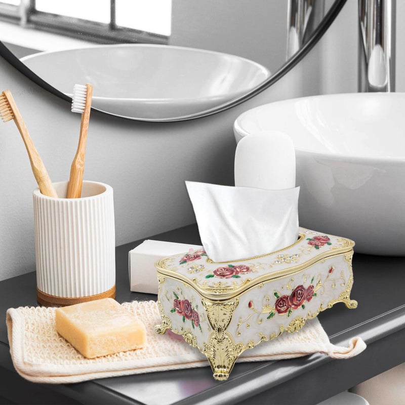 Tsnamay 9.45"x5.43"x3.94" Luxurious Rose Tissue Box with Imitation Diamonds, Embossed Flowers, Elegant Tissue Paper Holders for Home Toilet Bath Hotel,Gold-White-red - Image 5