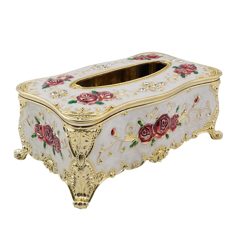 Tsnamay 9.45"x5.43"x3.94" Luxurious Rose Tissue Box with Imitation Diamonds, Embossed Flowers, Elegant Tissue Paper Holders for Home Toilet Bath Hotel,Gold-White-red - Image 1