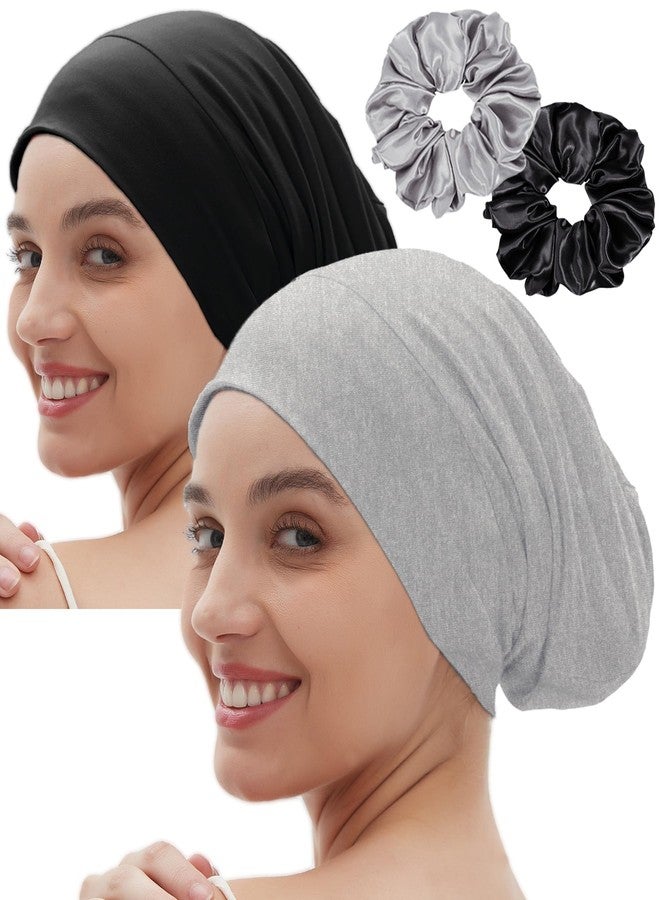 Roybens 2pcs Satin Bonnet for Sleeping Night Cap, Satin Lined Silk Bonnet Large Sleep Cap for Curly Braids Hair Beanie Black Women (Black+ Light Grey) - Image 1