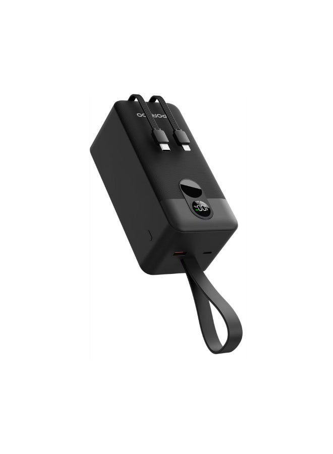 بورودو بنك طاقة 50000 مللي أمبير/ساعة مع كابلات Type-C وLightning مدمجة، وتوصيل طاقة 22.5 واط، وشحن متزامن، وشحن من 0% إلى 60% في 35 دقيقة، وشاشة رقمية - أسود - Image 1