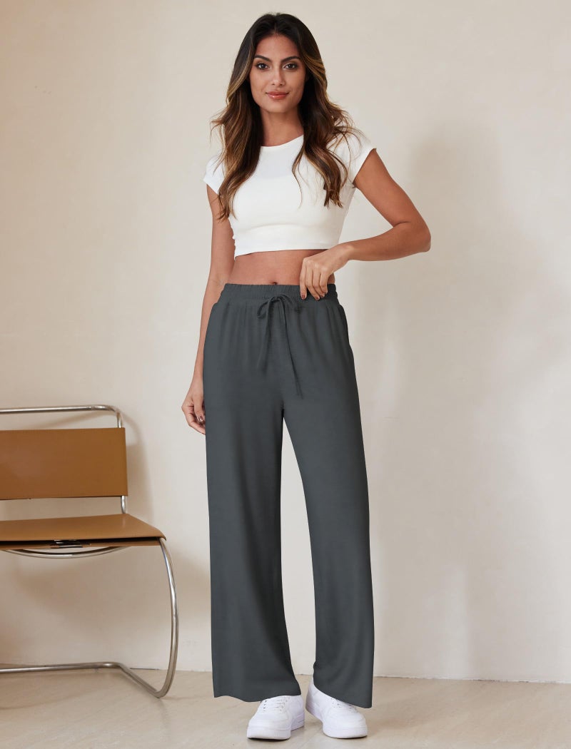 DLOODA Wide Leg Pants Women Modal Lounge Pajamas Sweatpants Drawstring High Waisted Pants with Pocketsï¼ˆDeep Grey Sï¼‰ - Image 5