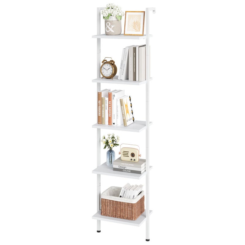 ELYKEN Ladder Shelf White 5Tier Wood Wall Mounted Bookshelf with Metal Frame Modern Open Display Organizer Rack Leaning Storage Shelves for Living Room Bedroom Home Office