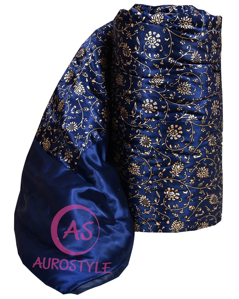 AUROSTYLE Rajasthani Cotton Filled Light Weight Silk Soft Jaipuri AC Quilt Dohar Over All Floral Print Design with Gold Print Quilts Blankets for Home (85x100 Inch,Blue Jaal Print, Double Bed) - Image 5