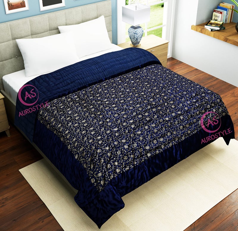 AUROSTYLE Rajasthani Cotton Filled Light Weight Silk Soft Jaipuri AC Quilt Dohar Over All Floral Print Design with Gold Print Quilts Blankets for Home (85x100 Inch,Blue Jaal Print, Double Bed) - Image 3