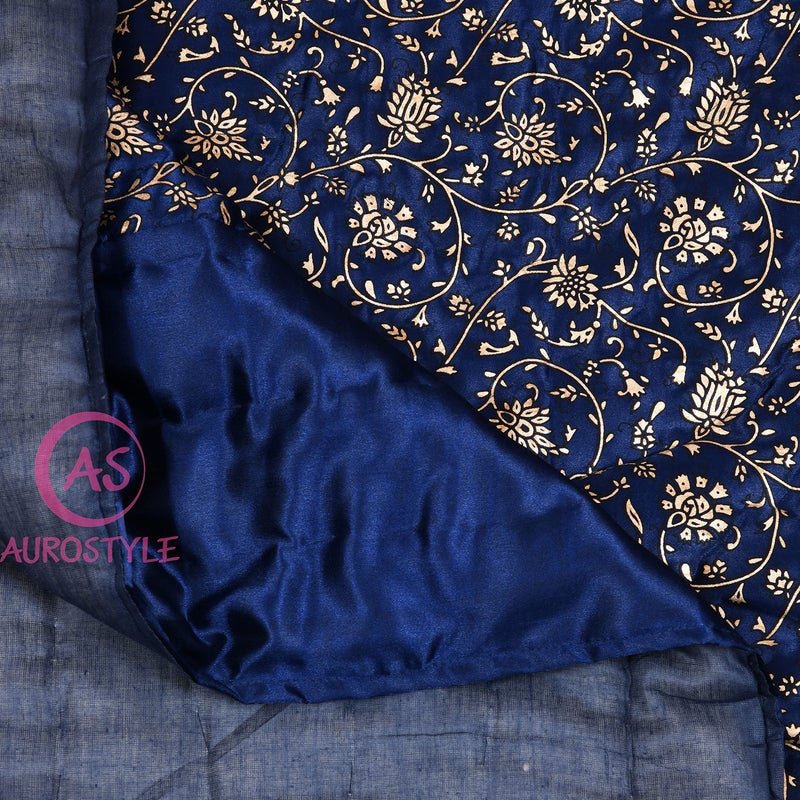 AUROSTYLE Rajasthani Cotton Filled Light Weight Silk Soft Jaipuri AC Quilt Dohar Over All Floral Print Design with Gold Print Quilts Blankets for Home (85x100 Inch,Blue Jaal Print, Double Bed) - Image 4