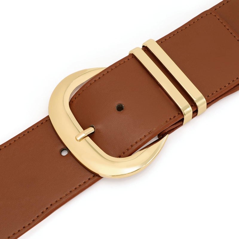 WHIPPY Women Wide Elastic Waist Belt for Dresses Fashion Gold Buckle Stretchy Leather Waistband for Ladies, Brown, Fits Waist 28"-33" - Image 4